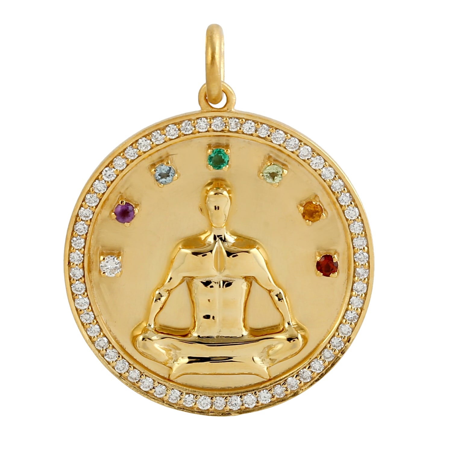 Women’s Gold / White 14K Gold Pave Natural Diamond & Mix Stone Rainbow Yoga Chakra Buddha Charm Pendant Artisan