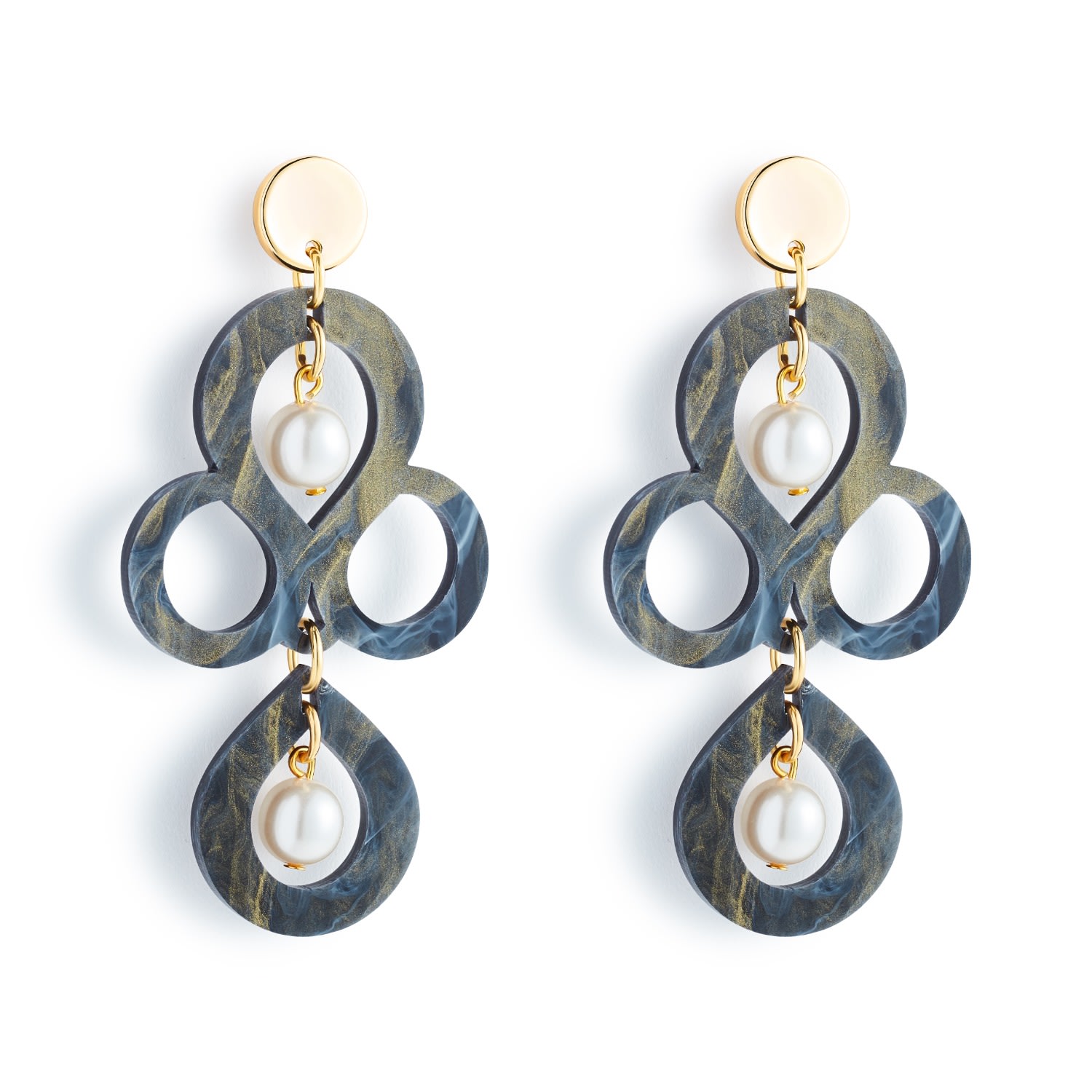 Toolally Women's Black / Gold / White Petite Batik Earrings - Black Swirl & Pearl In Blue