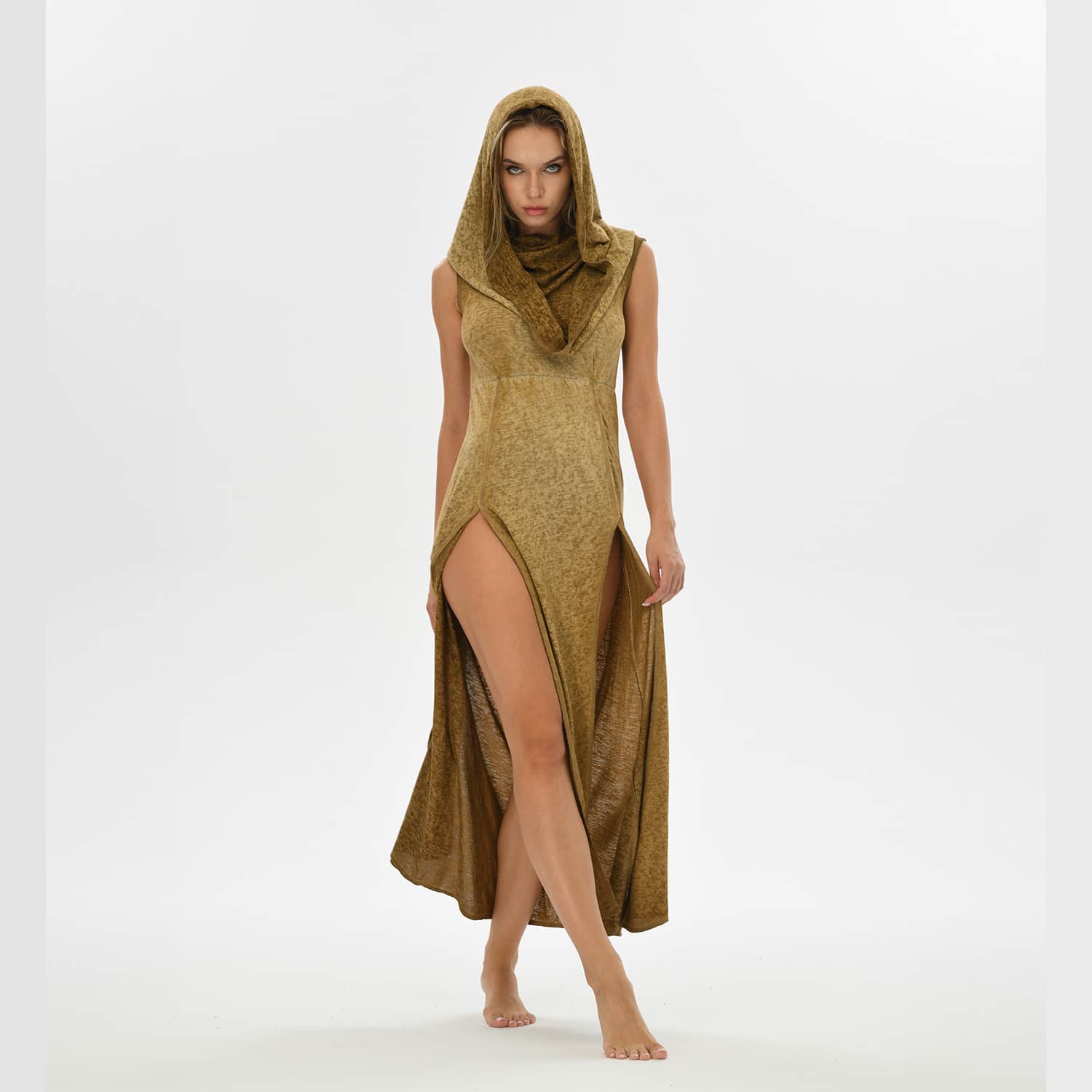 Zhenabia Hera Hooded Maxi Dress With Slits - Brown