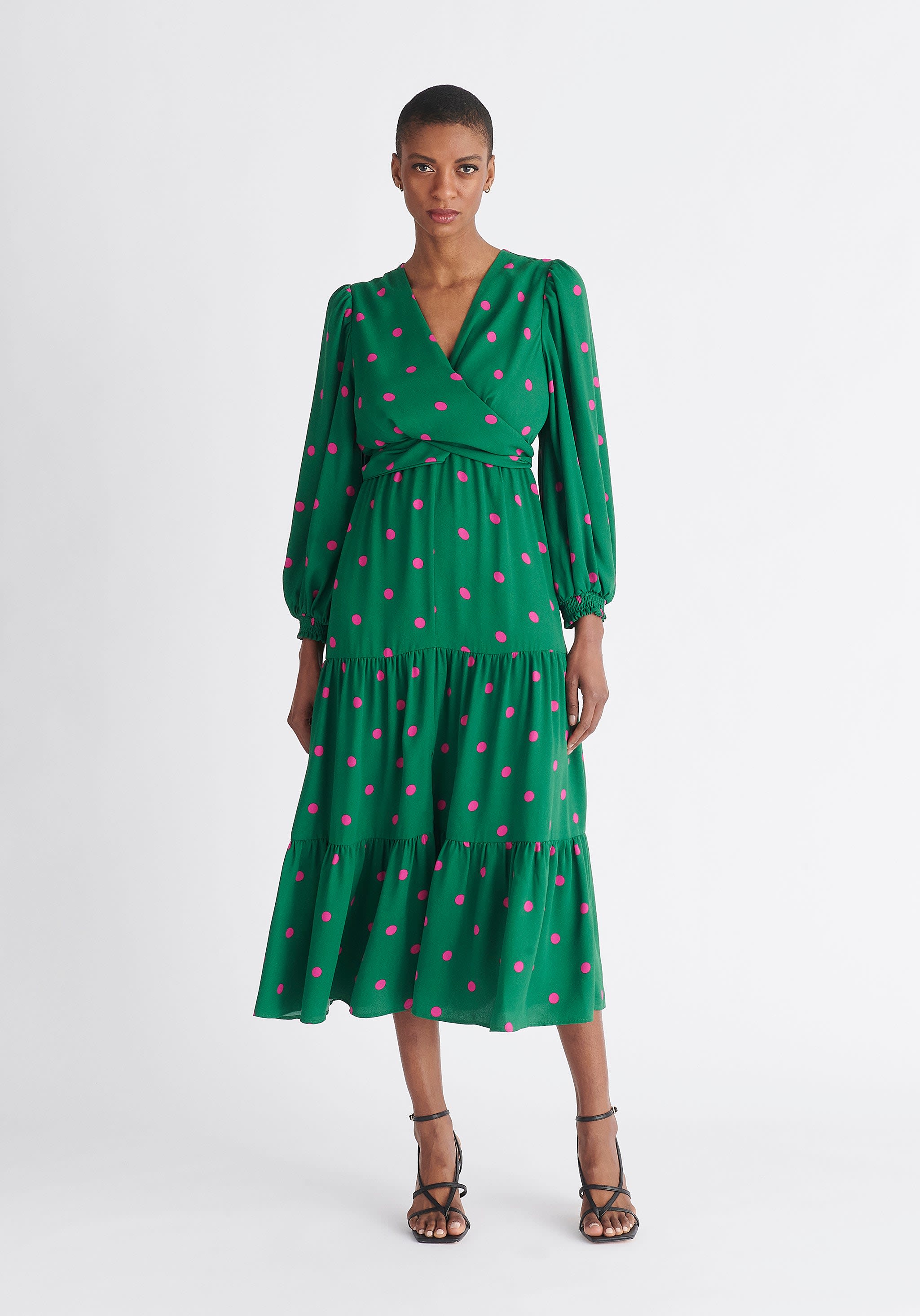 Tiered Hem Polka Dot Dress In Green And Pink | PAISIE | Wolf & Badger