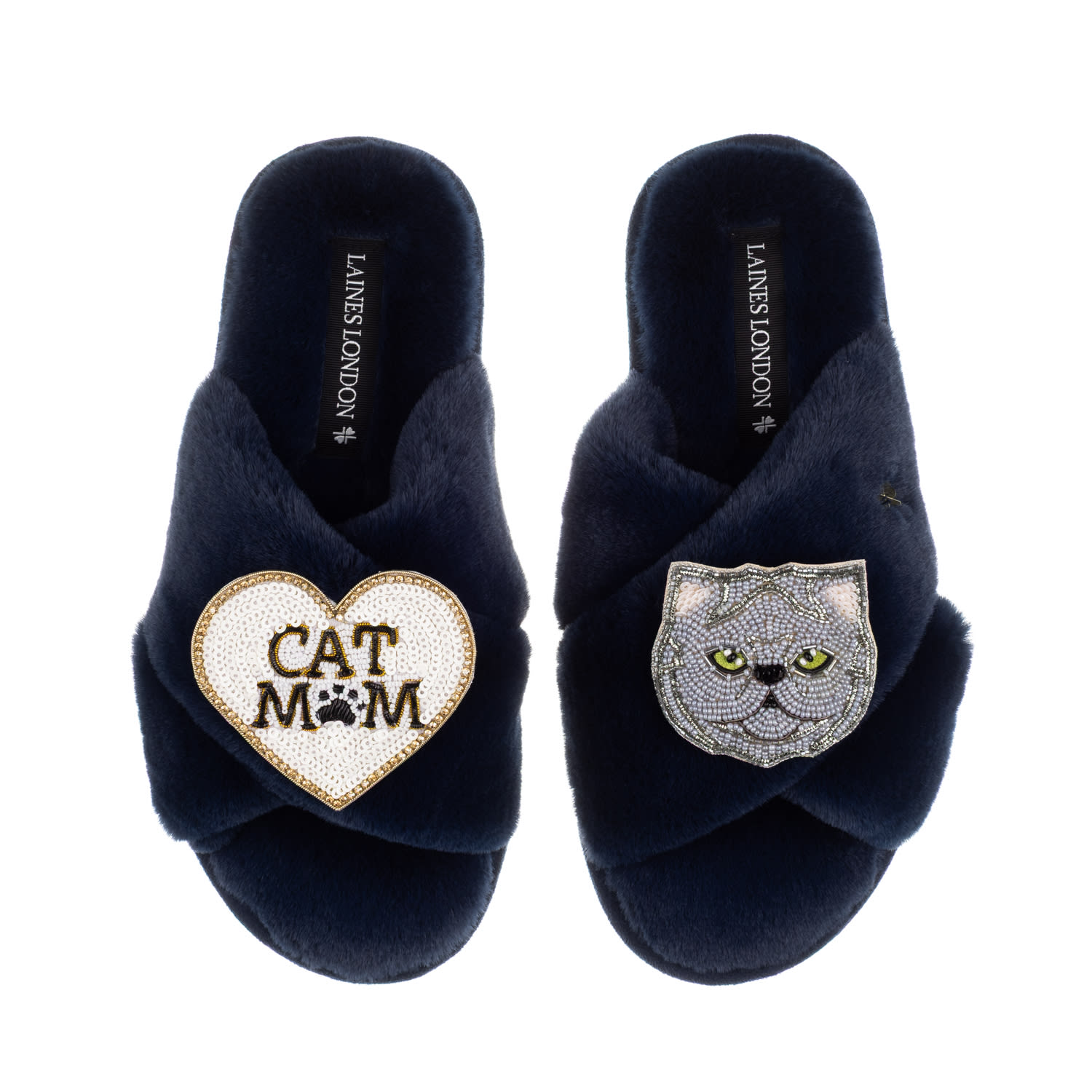 Laines London Women's Blue Classic Laines Slippers With Cat Mum/mom & Grey Persian Cat Brooches - Navy In Blue