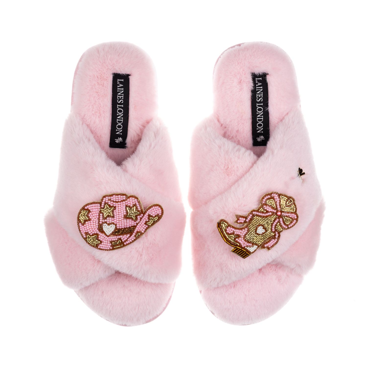 Laines London Women's Classic Laines Slippers With Cowgirl Hat & Cowgirl Boots Brooches - Pink In Pink