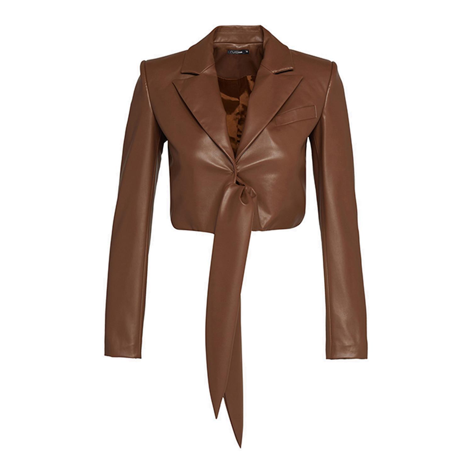 Women’s Tie Detailed Brown Faux Leather Jacket Xxs Rue Les Createurs