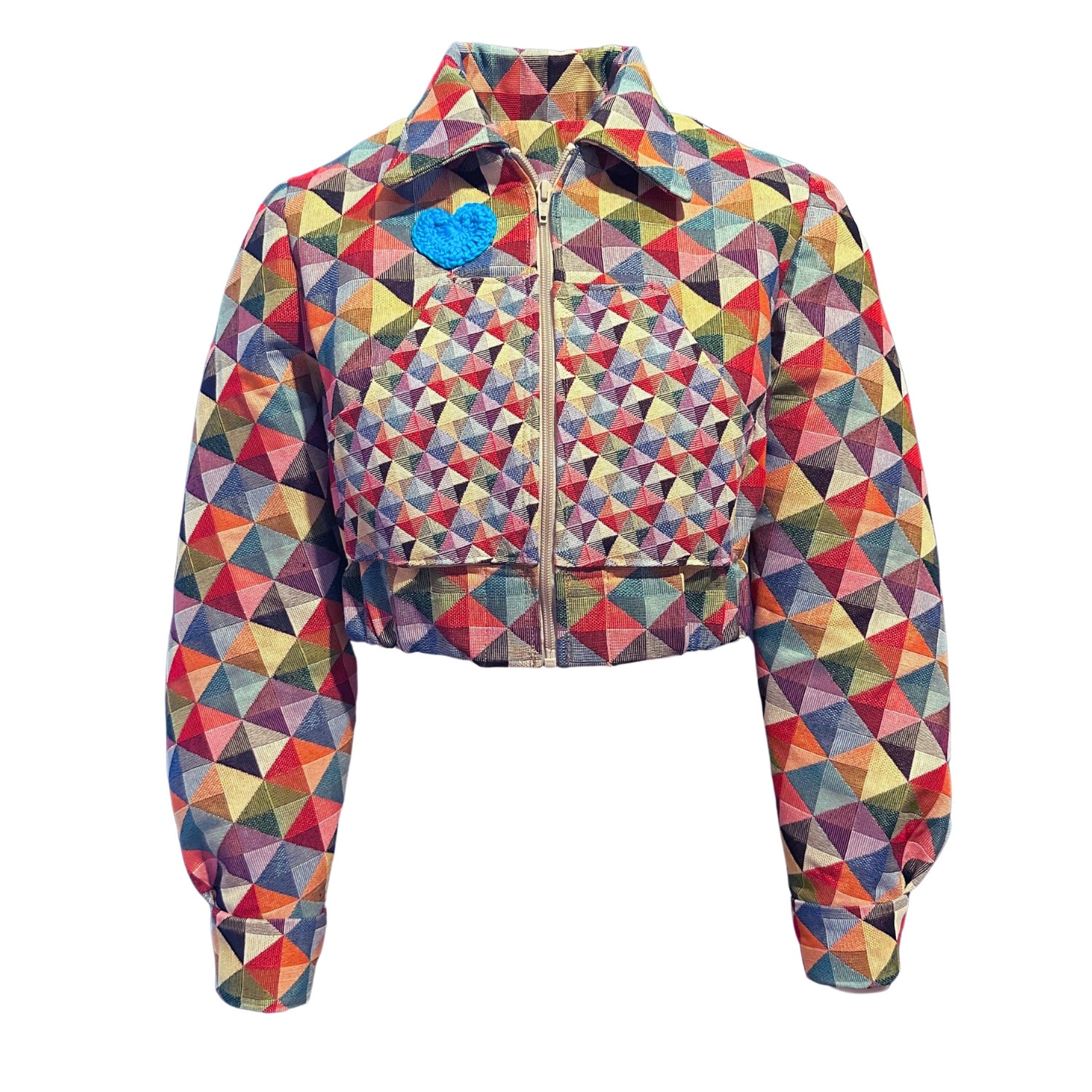 Women's Blue Geometric Tapestry Diamond Cropped Jacket | Extra Small | Couture to Your Door