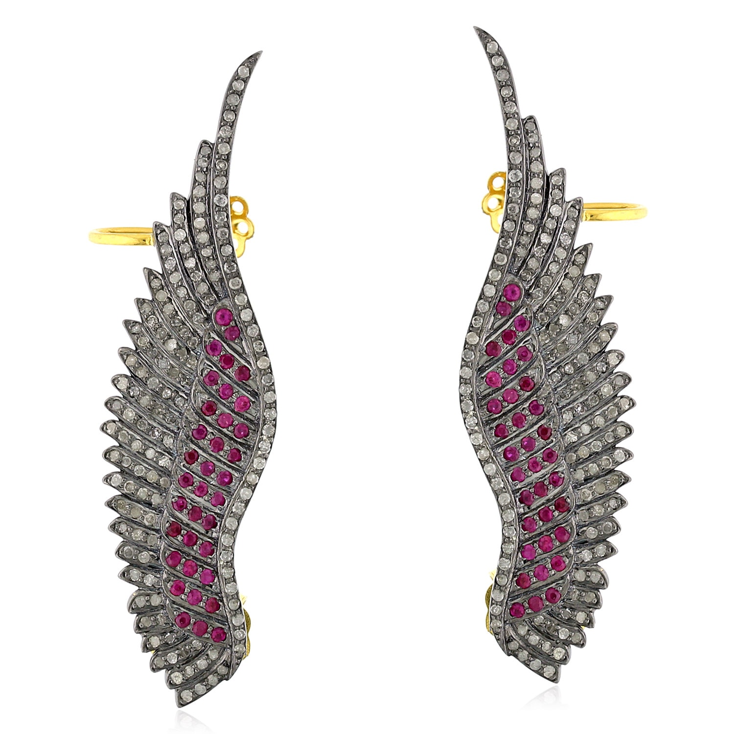 Women’s Gold / Red Natural Pave Diamond & Ruby Feather Ear Cuff Earrings In 18K Solid Gold 925 Silver Artisan