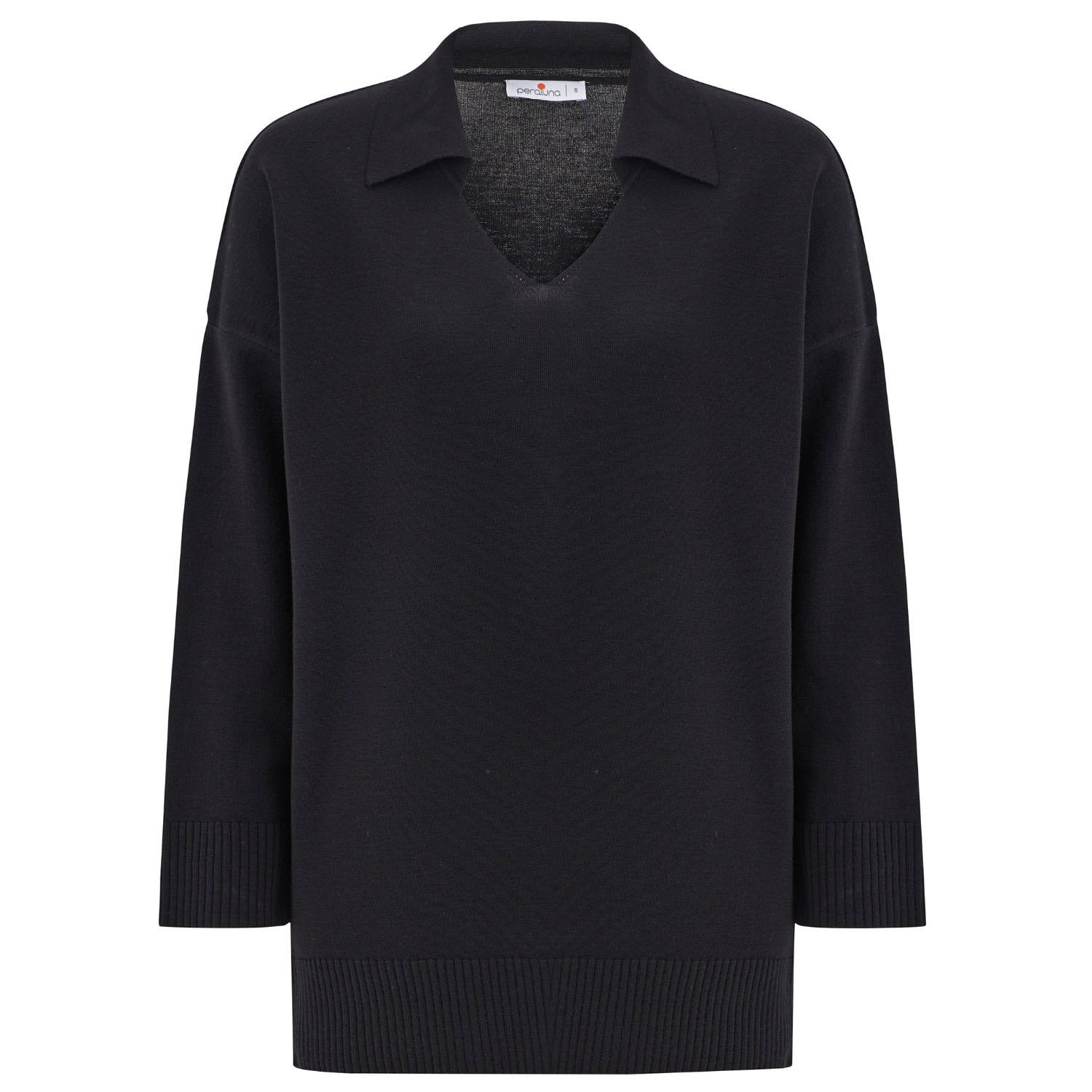 PERALUNA WOMEN'S POLO V NECK WIDE SLEEVE LOOSE FIT KNIT PULLOVER - BLACK