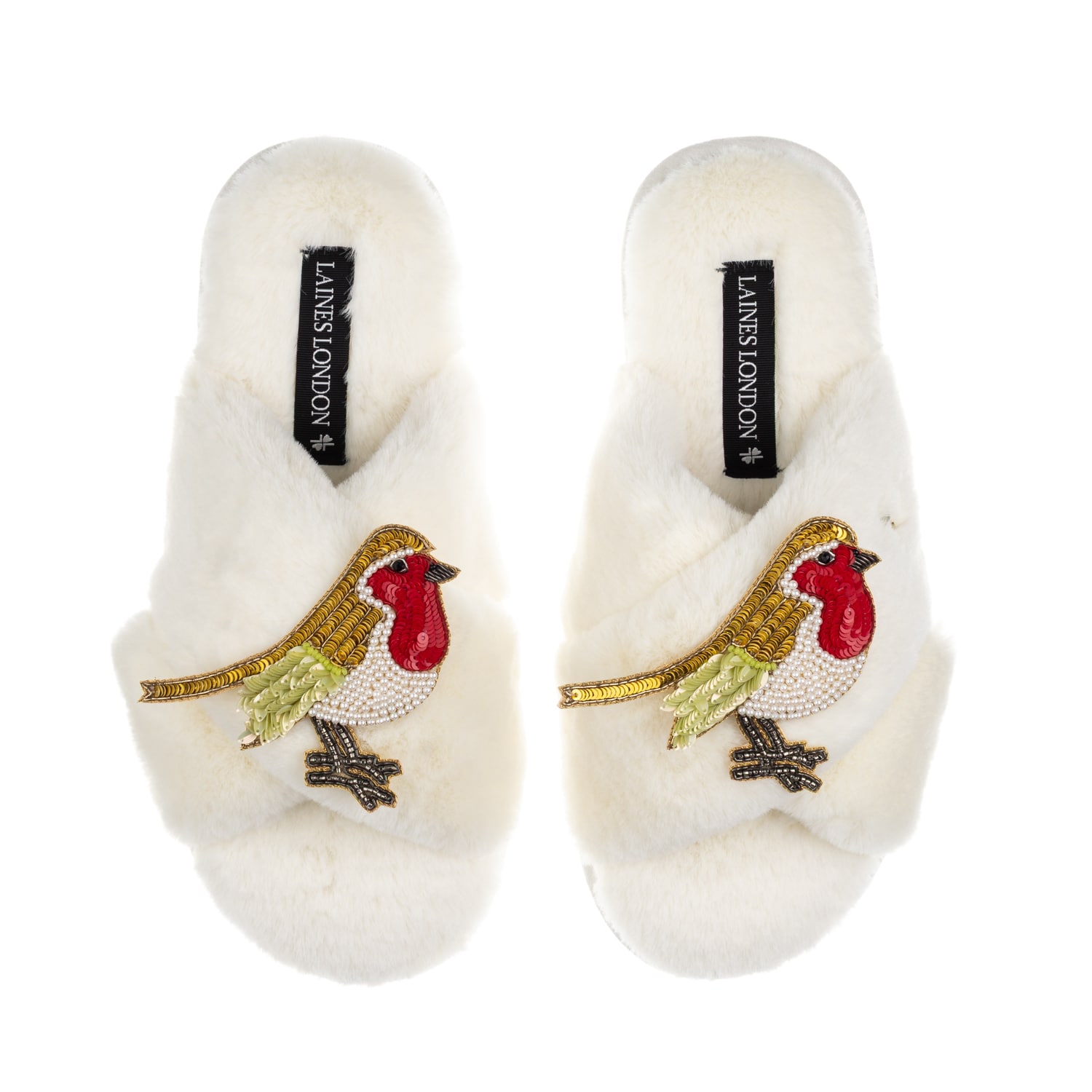 Laines London Women's Neutrals / White Classic Laines Christmas Collection Slippers With Double Robin Brooches - C In White