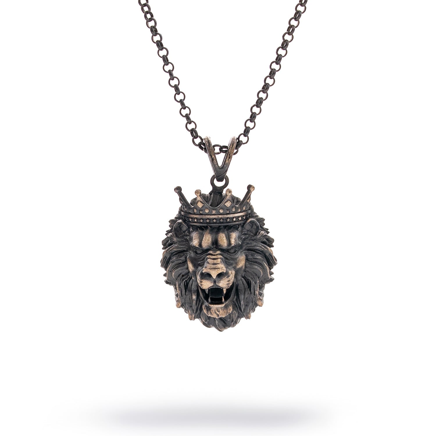 Ebru Jewelry Men's Crowned King Lion Men's Sterling Silver Necklace - Silver In Black