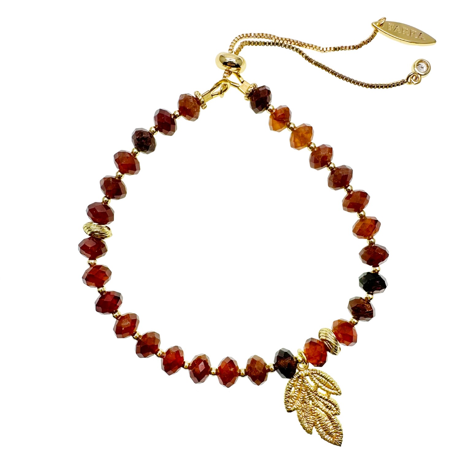 Farra Women's Natural Orange Garnet Gemstone With Leaf Charm Adjustable Bracelet