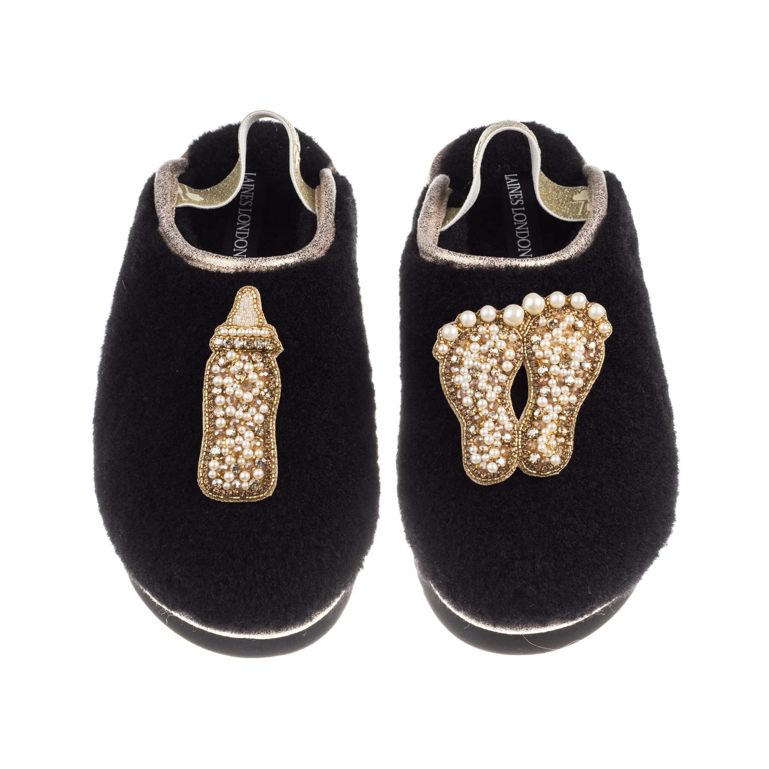 Laines London Women's Black / Gold Flatform Cloud Slippers With Gold New Baby Brooches - Black