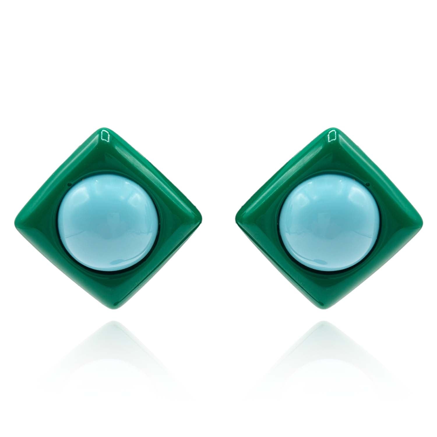 Michael Nash Jewelry Women's Green / Blue Green Resin Square Clip On Earrings With Light Blue Dome Center