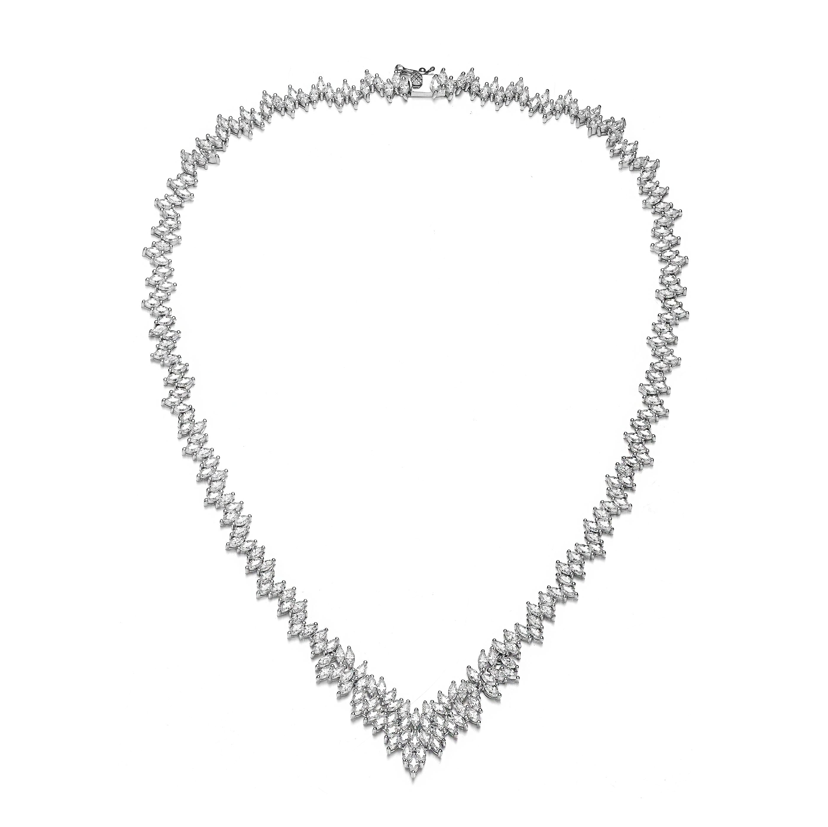 Genevive Jewelry Women's Sterling Silver With White Gold Plated Clear Marquise Cubic Zirconia Cluster Necklace In Silver
