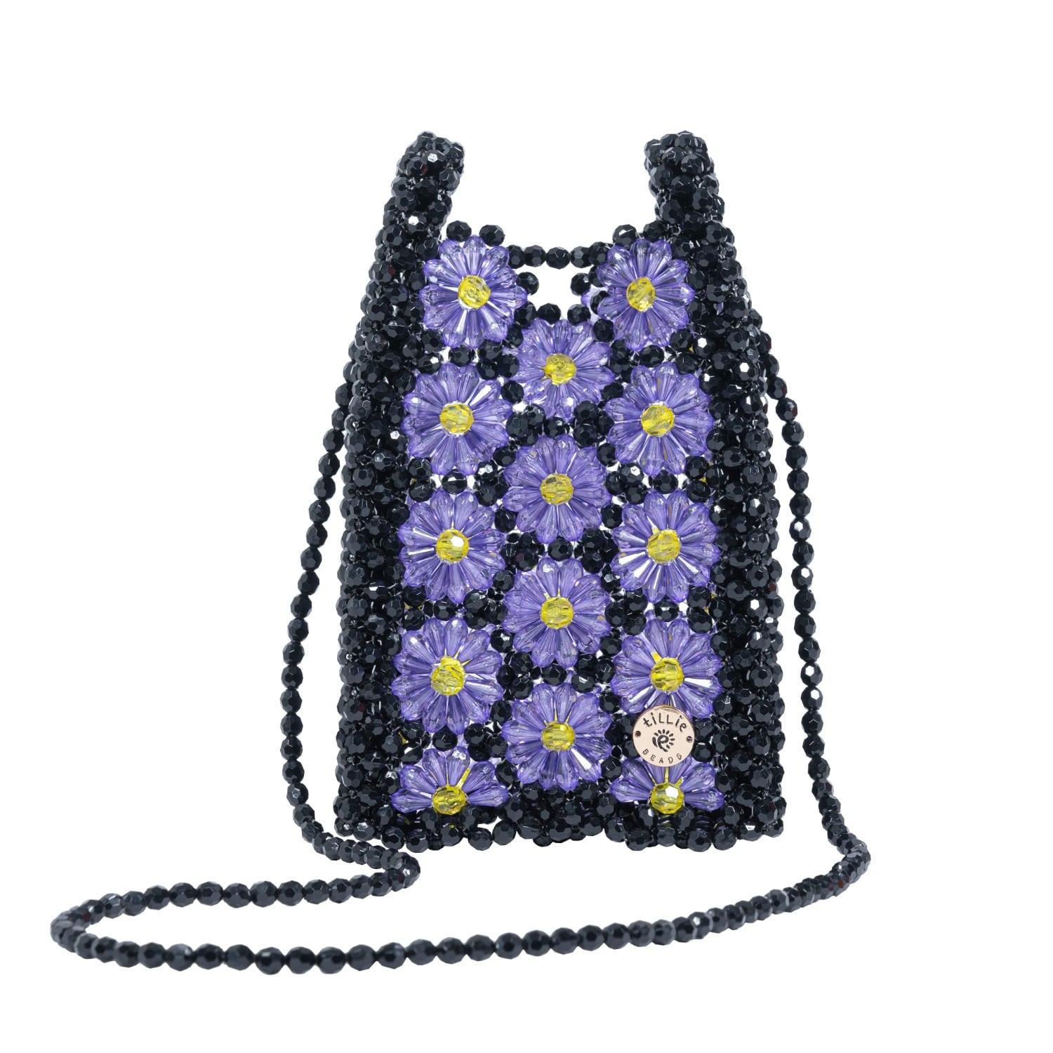 Tillie Beads Women's Pink / Purple Charming Purple Daisies Black Beaded Mini Croosbody Bag