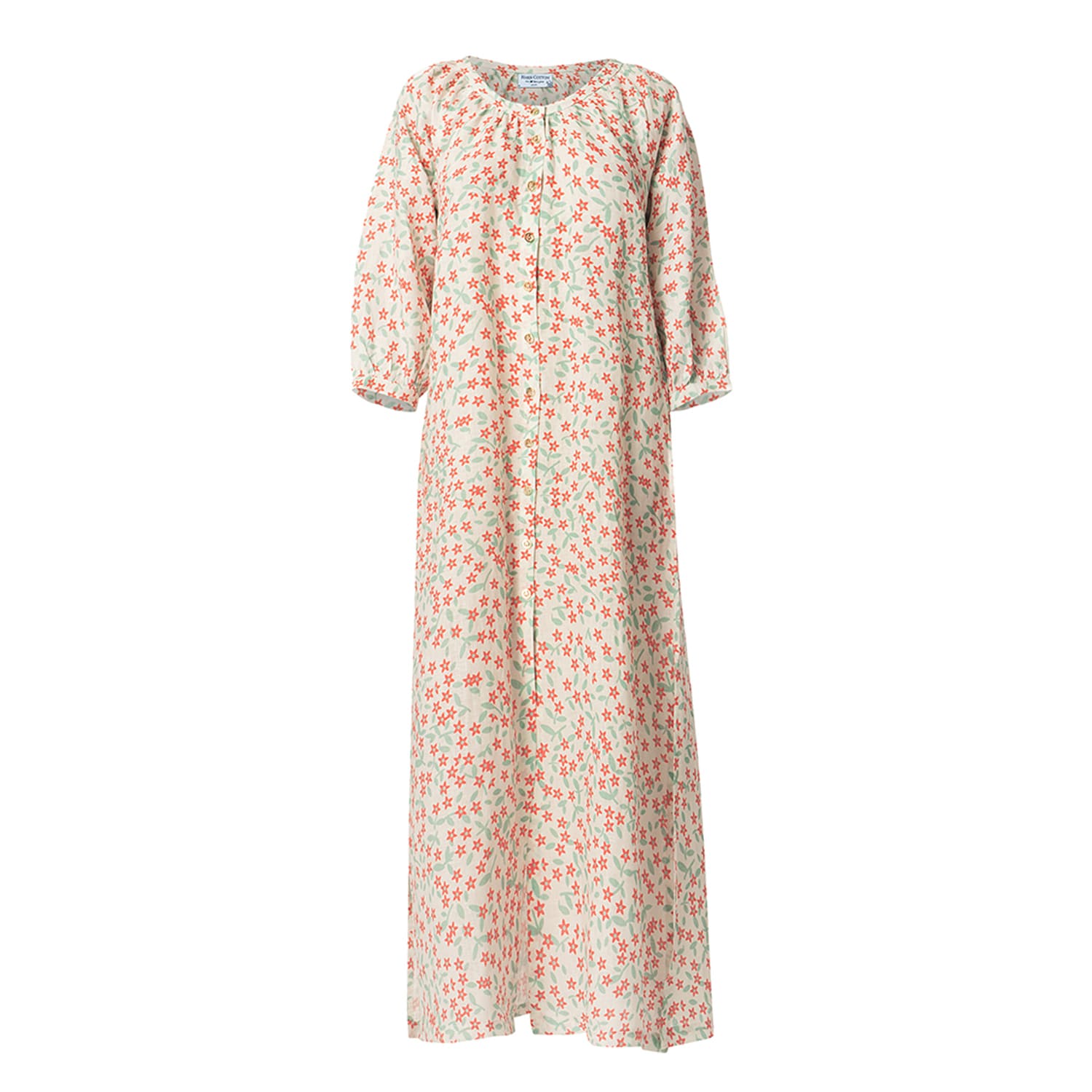 Haris Cotton Women's White Raglan Sleeve Printed Linen Maxi Dress With Front Buttons Red Starflowers In White