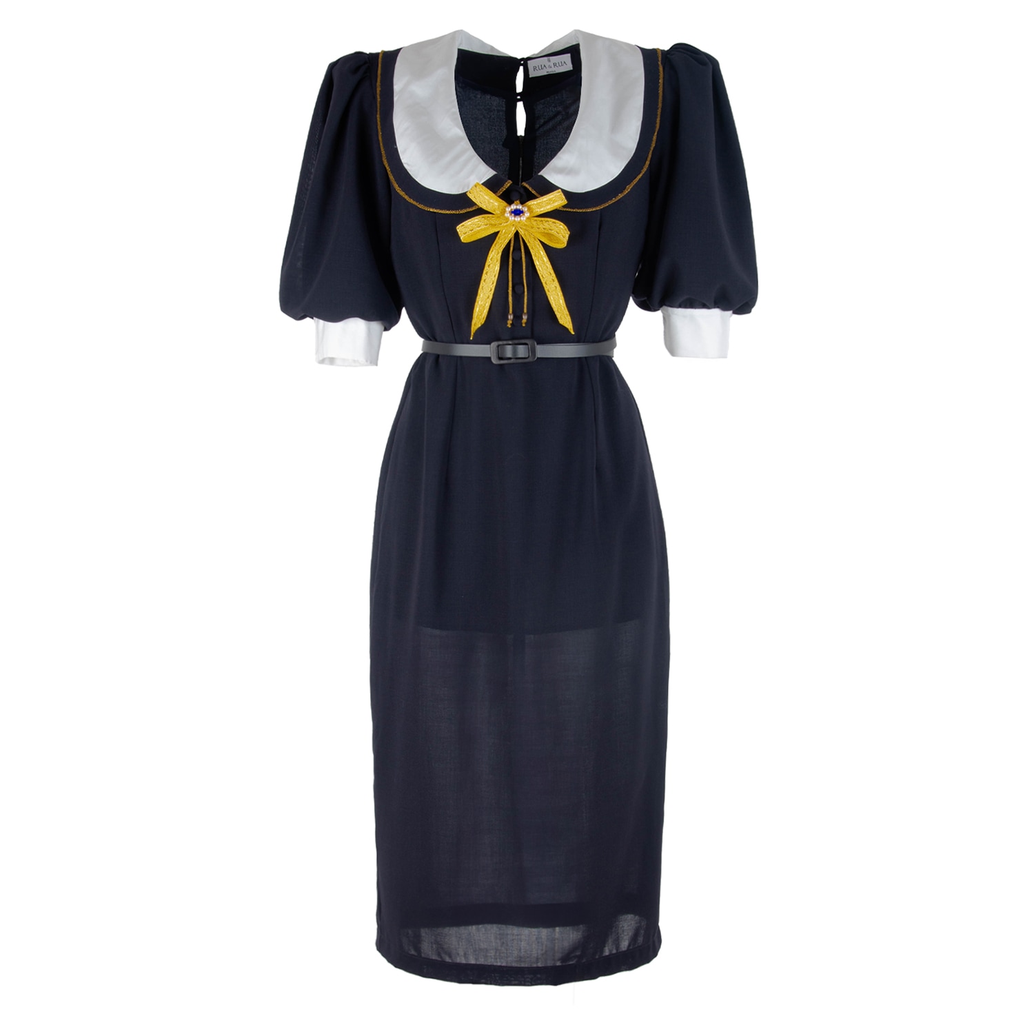Rua & Rua Women's Blue / Gold / White Wool Midi Dress With Wide Silk Collar And Bow In Blue & White In Blue/gold/white