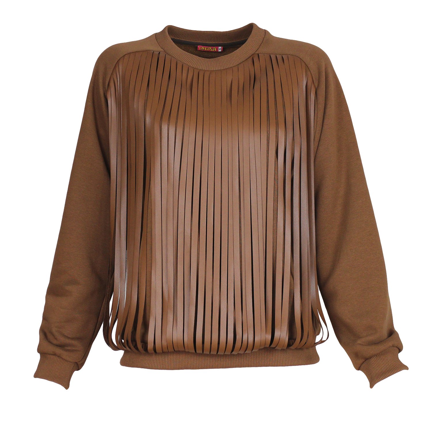 Lalipop Design Women's Brown Walnut Sweatshirt With Laser-cut Vegan Leather Fringes In Brown