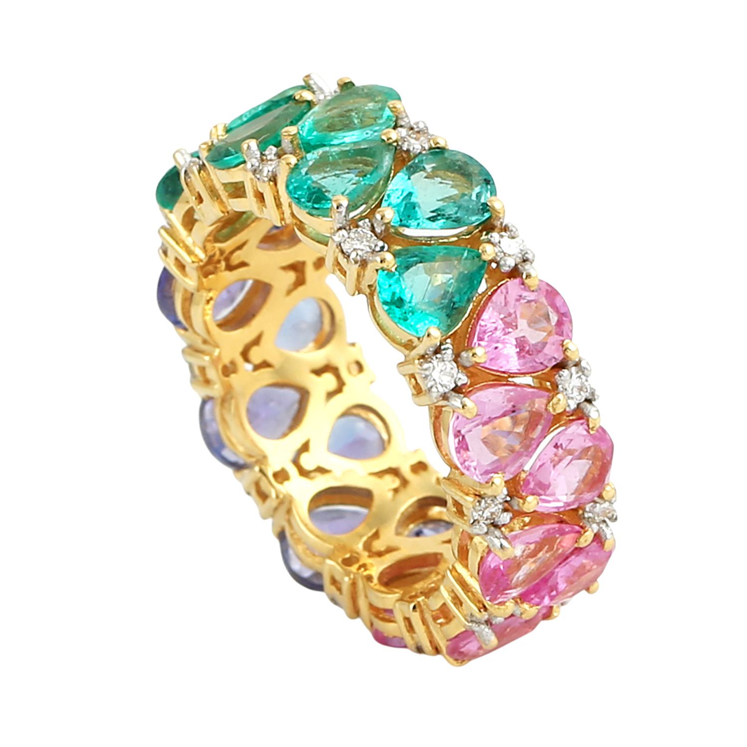 Artisan Women's Pink Sapphire & Tanzanite With Emerald Prong Diamond Band Ring In Gold