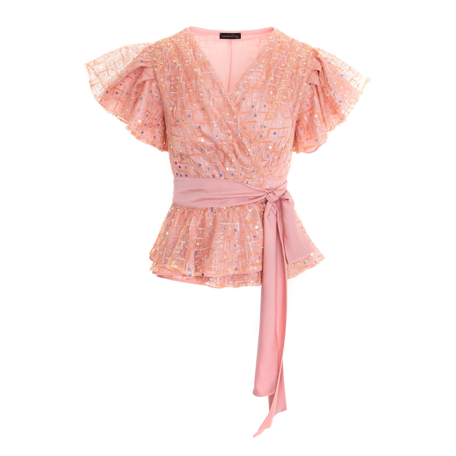 Concept A Trois Women's Pink / Purple Powder Pink Sequin Top With Wing Sleeves In Pink/purple
