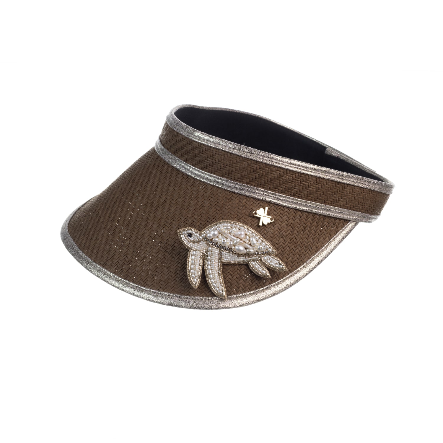 Laines London Women's Brown Straw Woven Visor With Beaded Turtle Brooch - Toffee