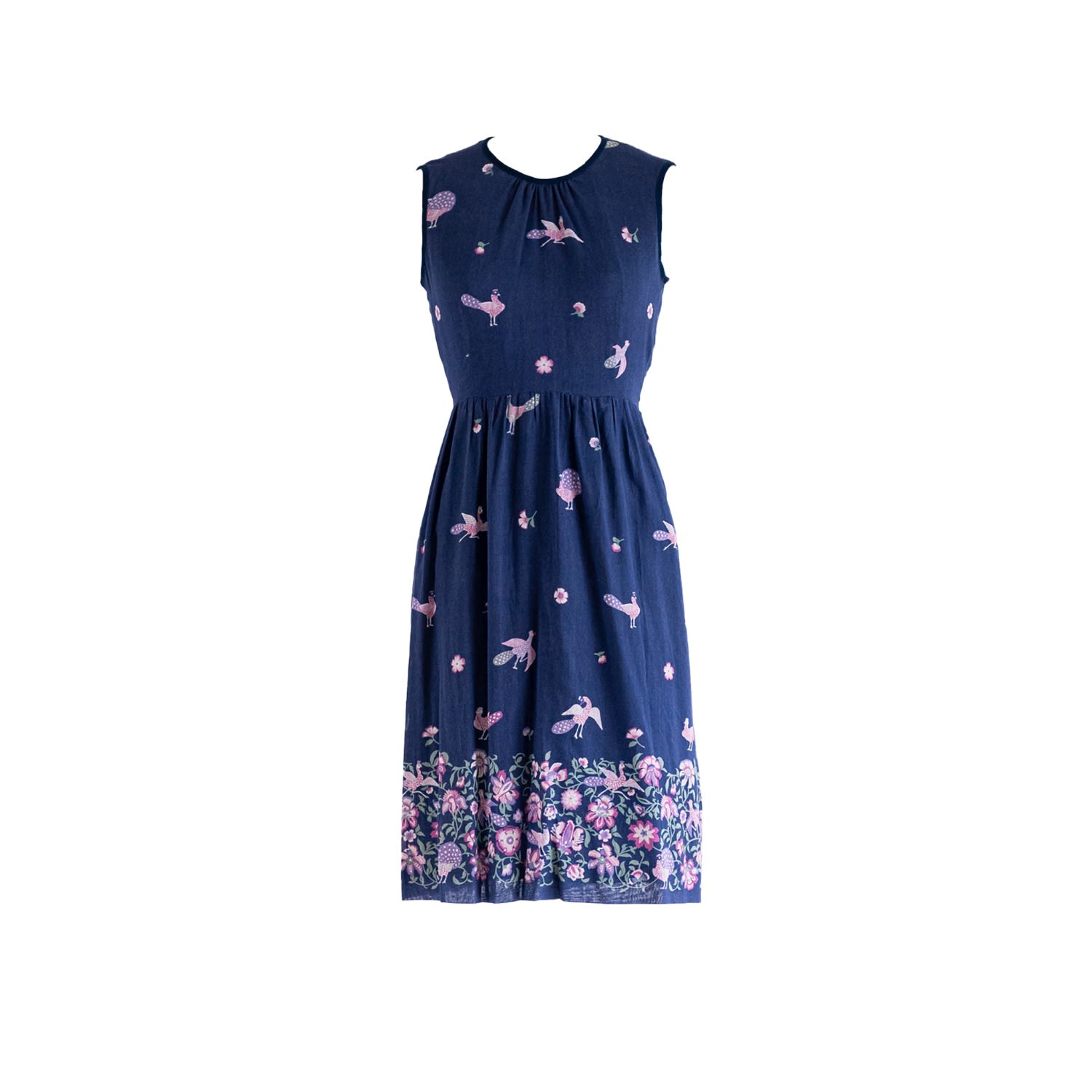 Women’s Vintage Navy Blue Cotton Peacock Detailed Midi Dress Extra Small Sugar Cream Vintage