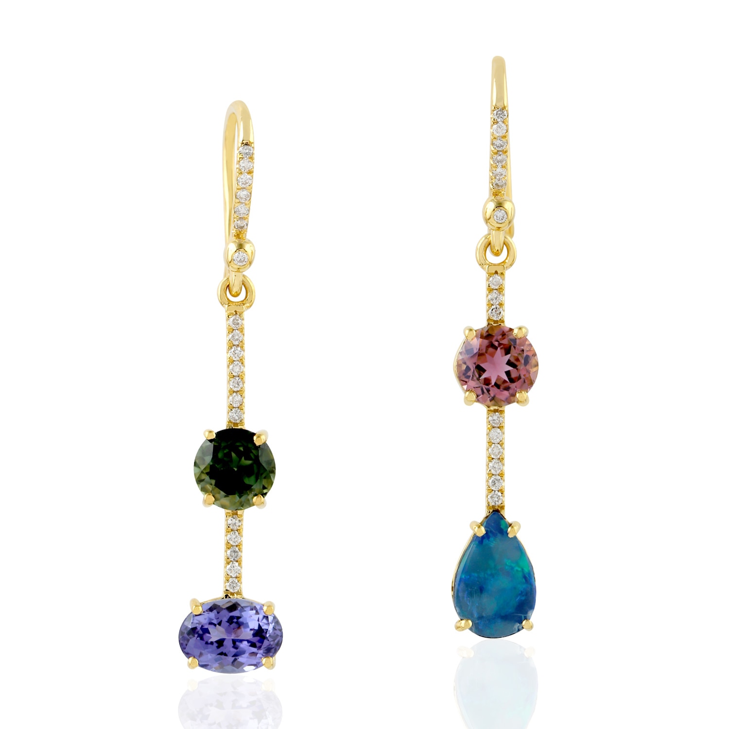 Artisan Women's 18k Gold Dangle Earrings With Diamonds & Mixed Gemstones