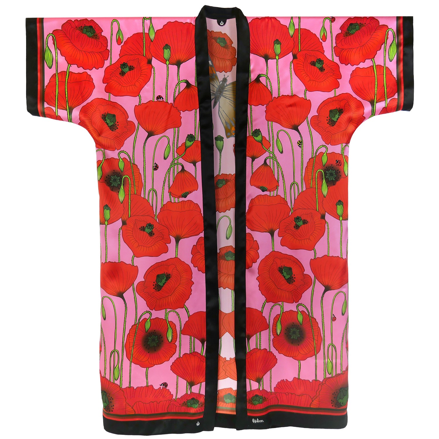 Women’s Black / White / Red Silk Kimono - Poppies - Pink One Size Kueen