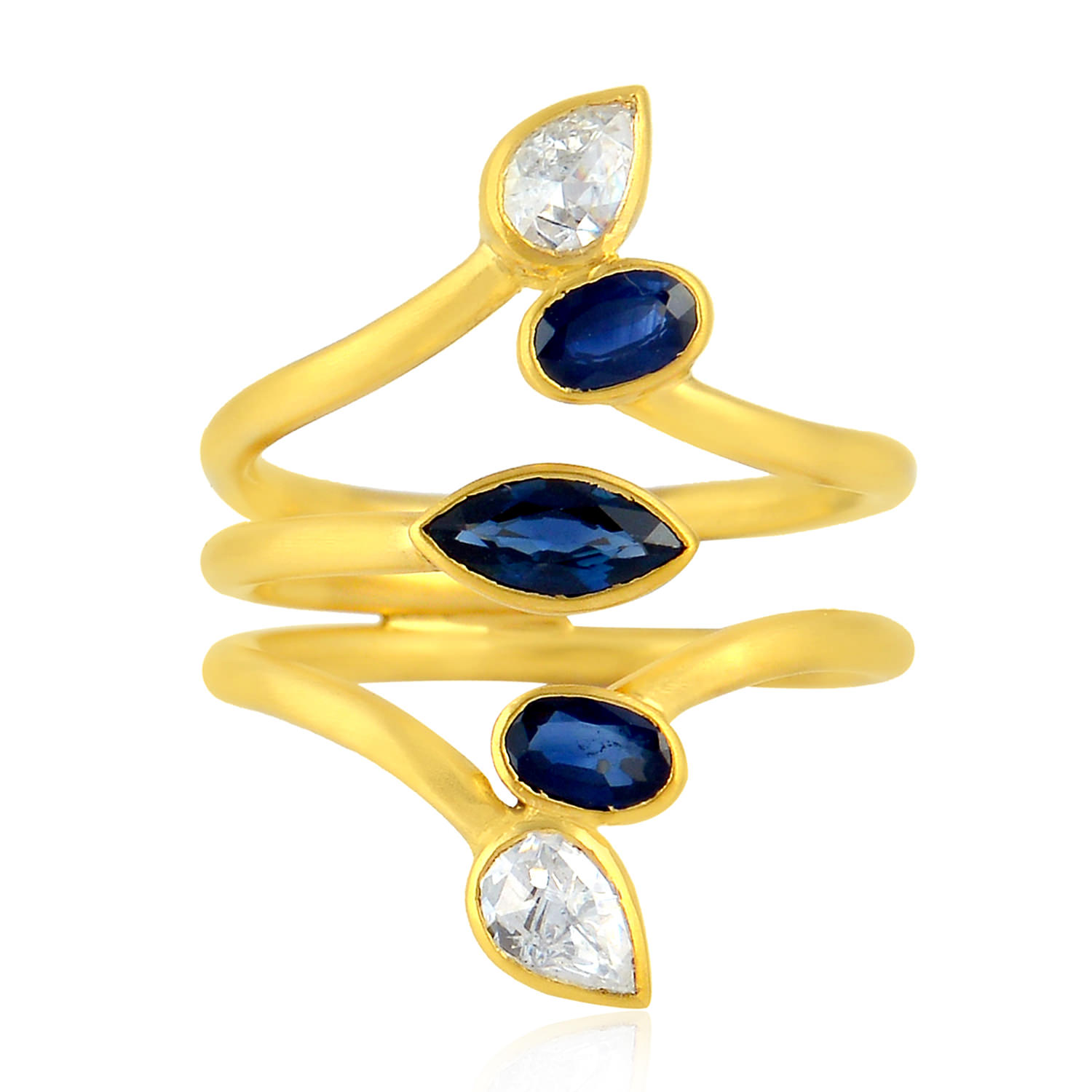 Women’s Gold / Blue / White Natural Sapphire Between The Finger Ring 18K Yellow Gold Artisan