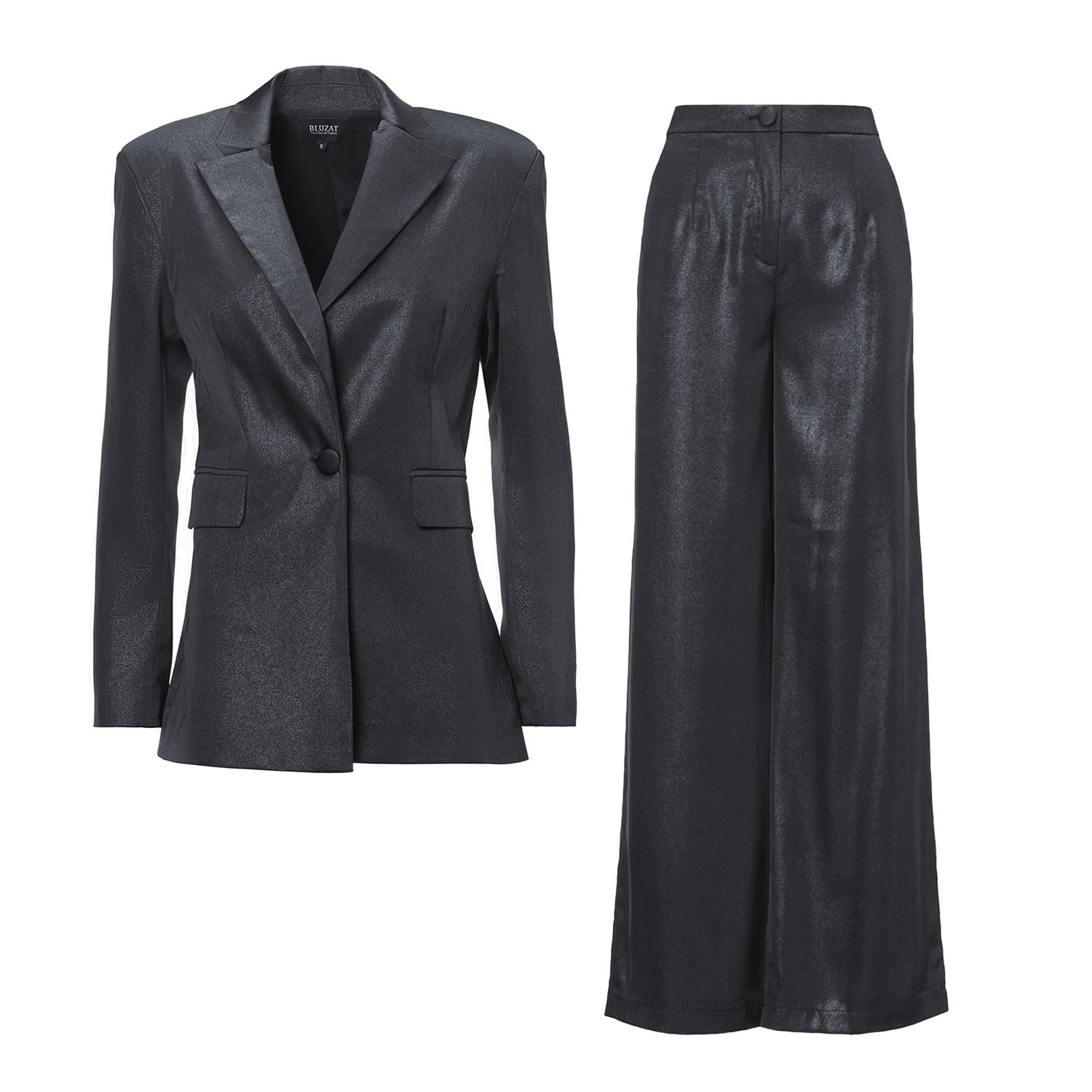 Black Shimmery Suit With Slim Fit Blazer And Wide Leg Trousers Extra Small Bluzat