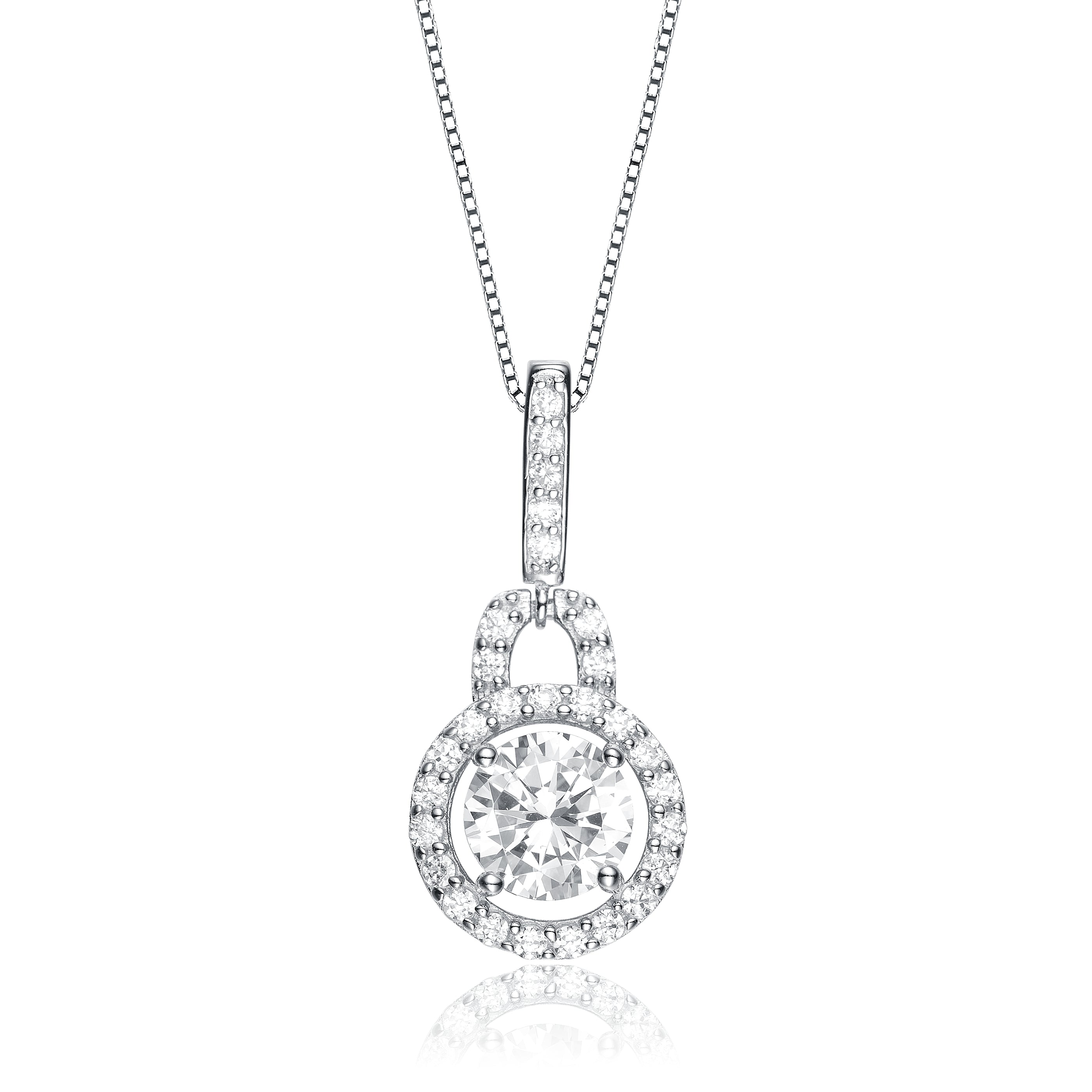 Genevive Jewelry Women's White / Silver Cubic Zirconia Sterling Silver White Gold Plated Round Drop Pendant Necklace In Multi