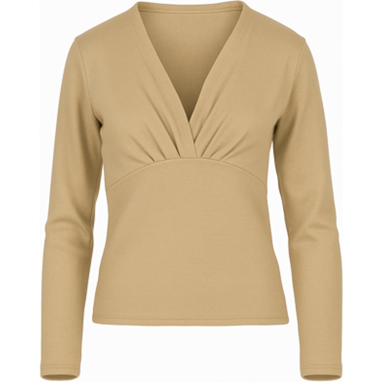 Conquista Women's Brown Biscuit Long Sleeve Faux Wrap Top In Stretch Jersey Sustainable Fabric