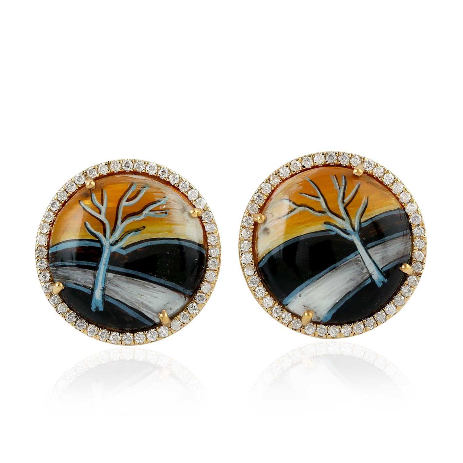 Artisan Women's White / Yellow 18k Yellow Gold Mother Of Pearl Pave Diamond Stud Earrings Jewelry In Multi