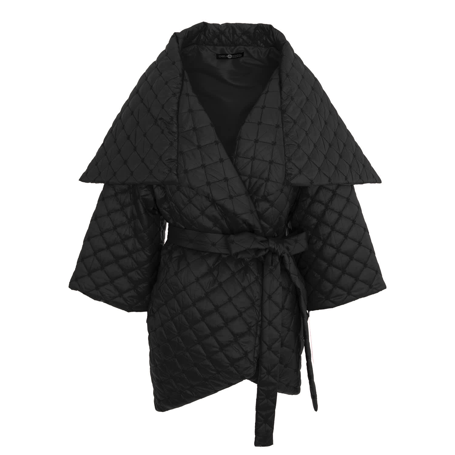 Asymmetrical Jacket In Black Quilted Fabric With Belt