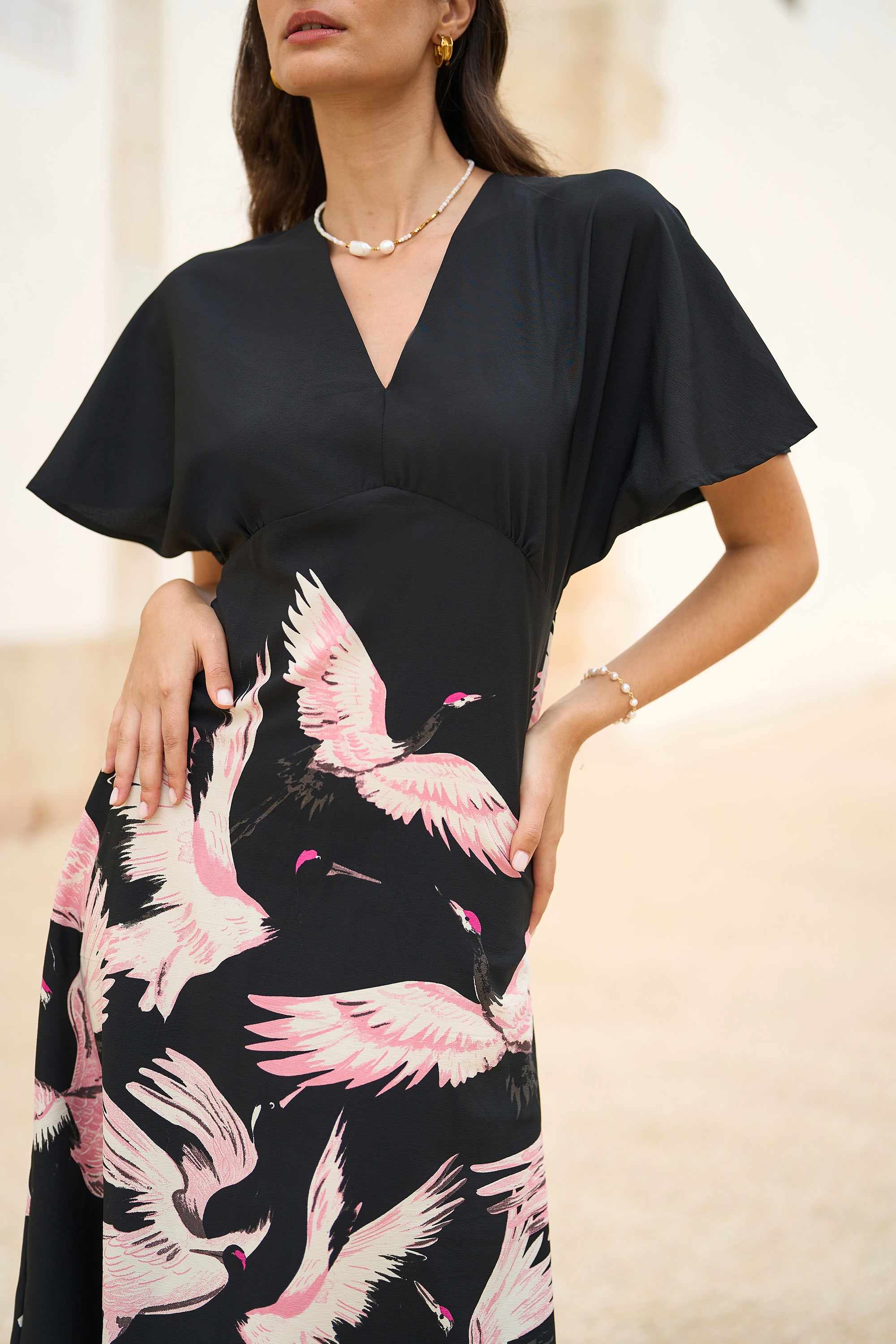 Yumi Black Recycled Fabric Crane Print Kimono Midi Dress | Yumi | Wolf &  Badger