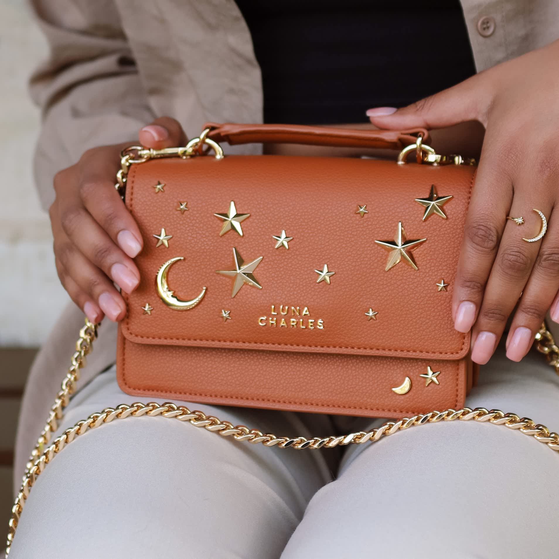 Nova Star Studded Handbag - Tan & Gold | LUNA CHARLES | Wolf & Badger