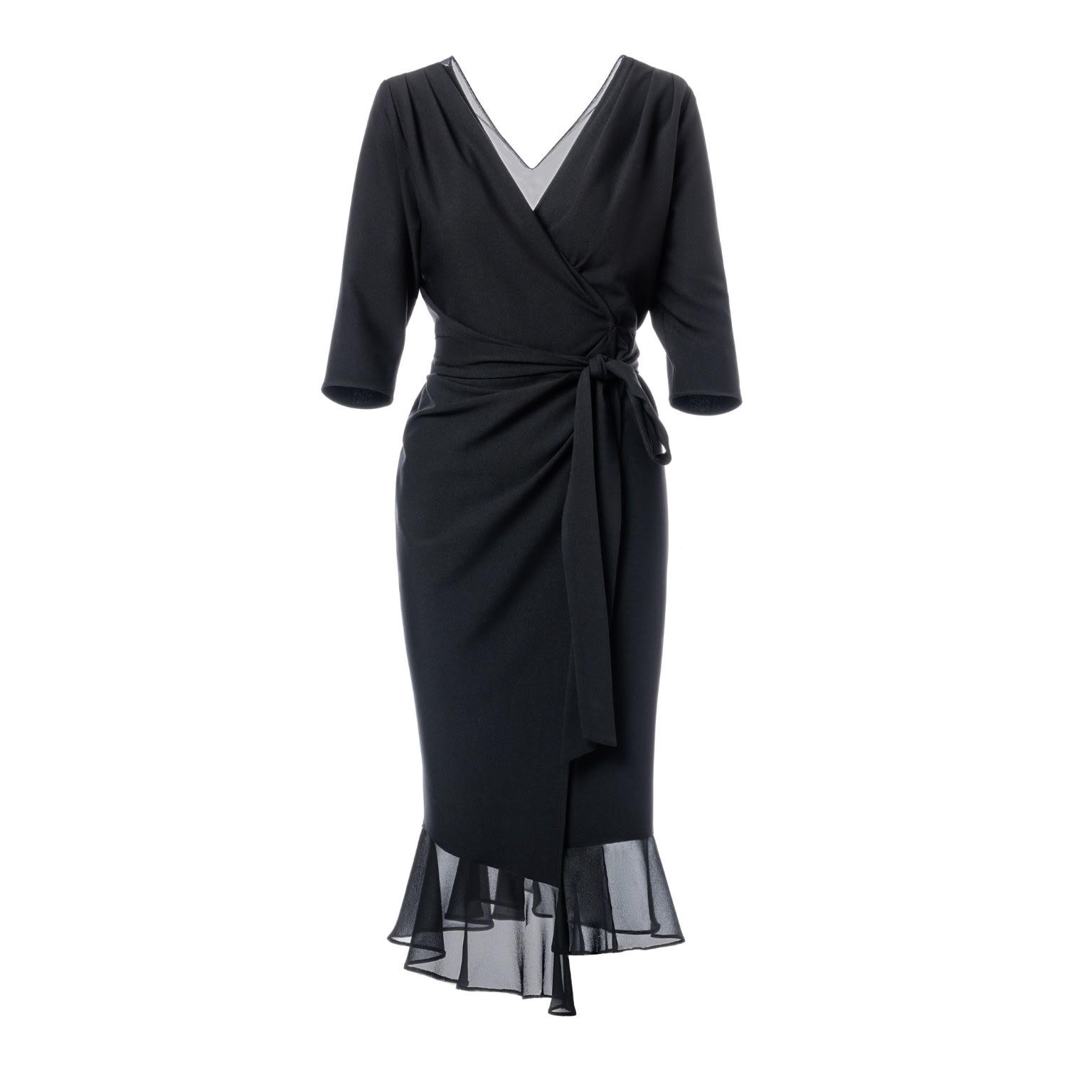 Concept A Trois Women's Black Wrap Dress With Silk Ruffles In Black