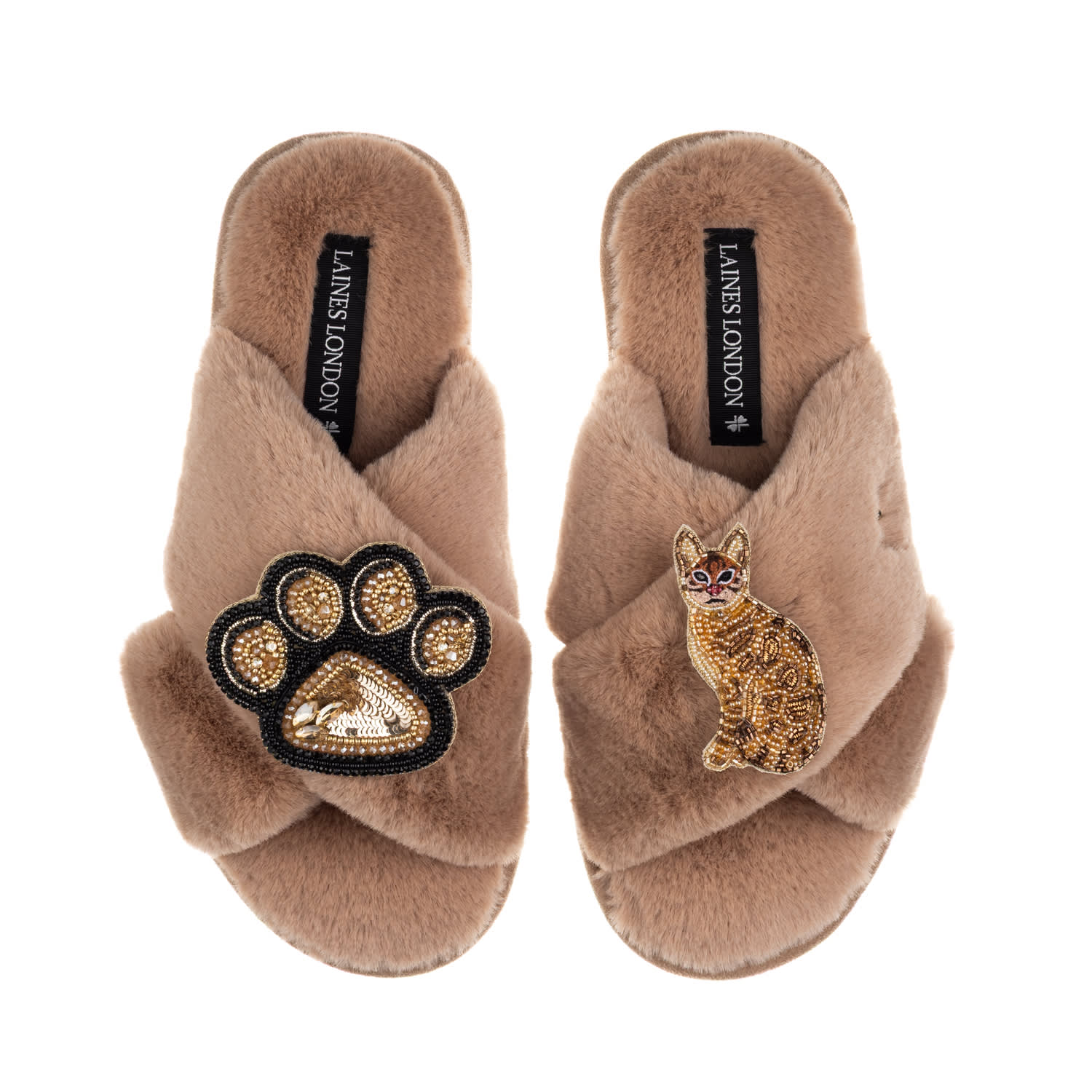 Laines London Women's Brown / Neutrals Classic Laines Slippers With Paw & Sitting Ginger Cat Brooches - Toffee In Brown