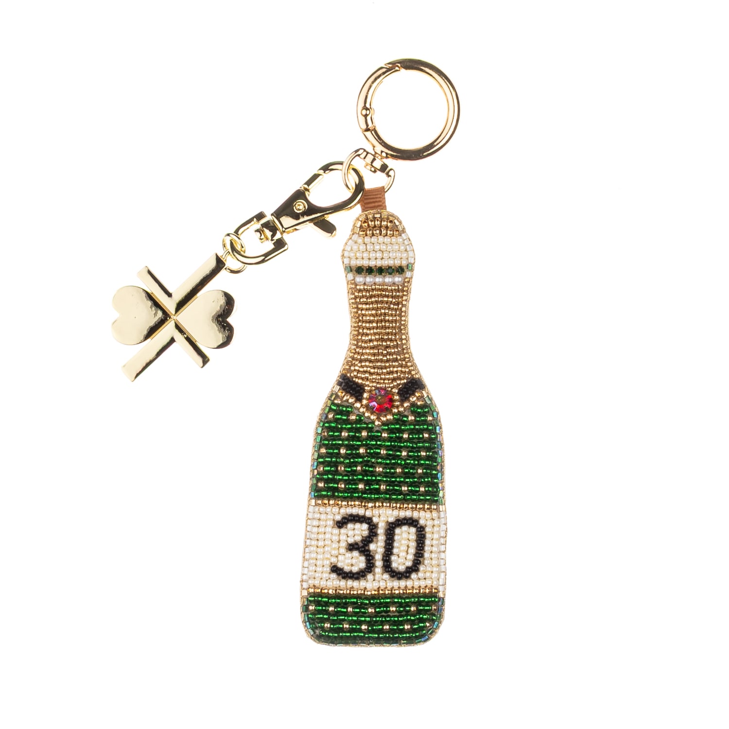 Women’s Gold / Green / White Milestone Birthday Champagne Hand-Beaded Bag Charm – 30Th | Laines London