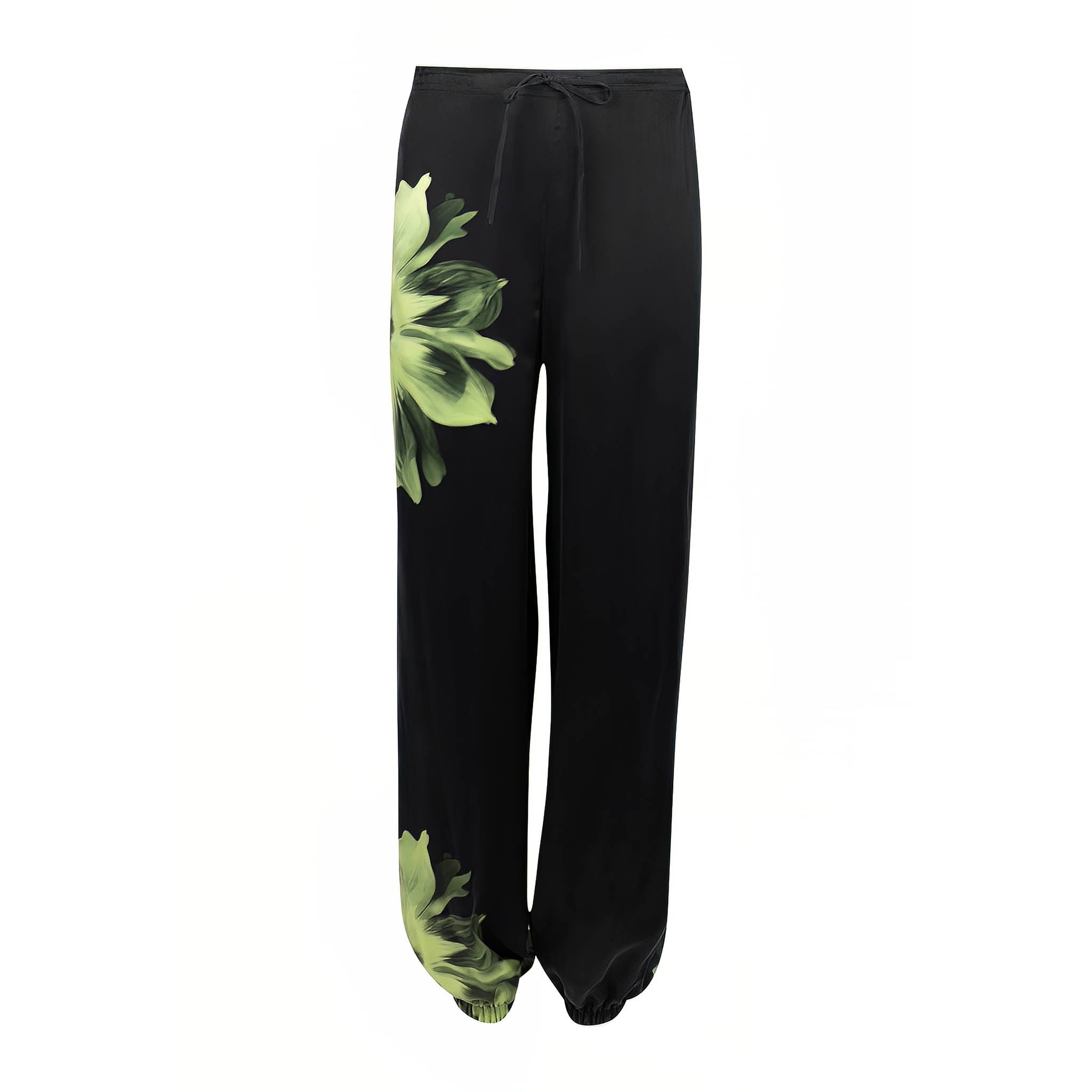 Nokaya Women's Black Silk Dreamscape Pyjama Pants Flower Print