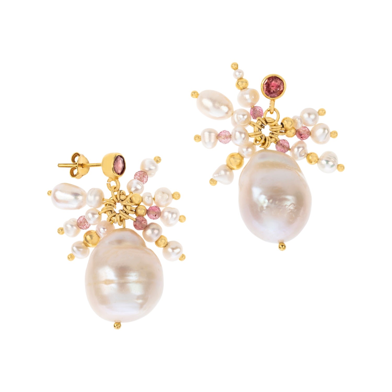 Women’s White Jellyfish Tourmaline & Strawberry Quartz, Baroque Pearl Earrings Bonjouk Studio