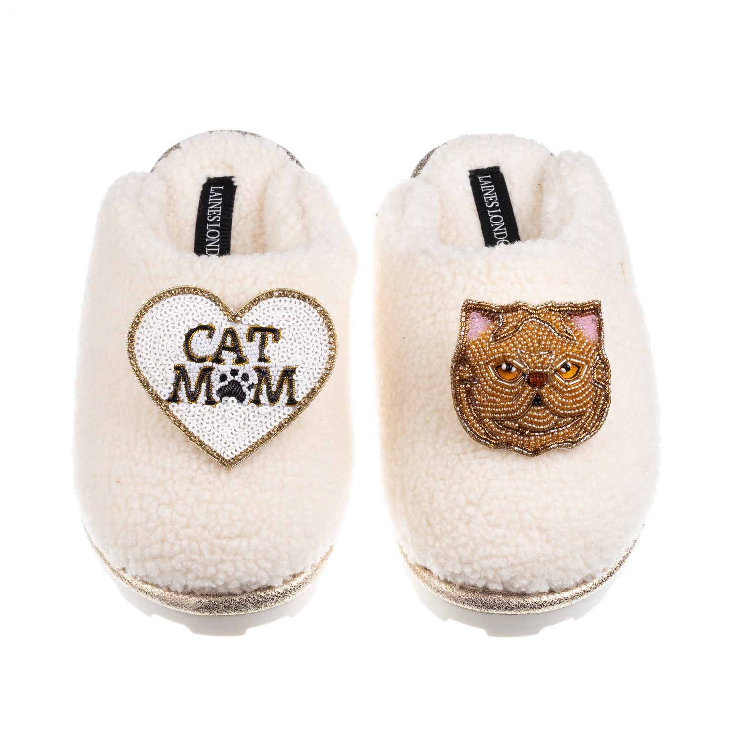 Laines London Women's Neutrals / White Teddy Closed Toe Slippers With Cat Mum/mom & Ginger Persian Cat Brooches -  In White