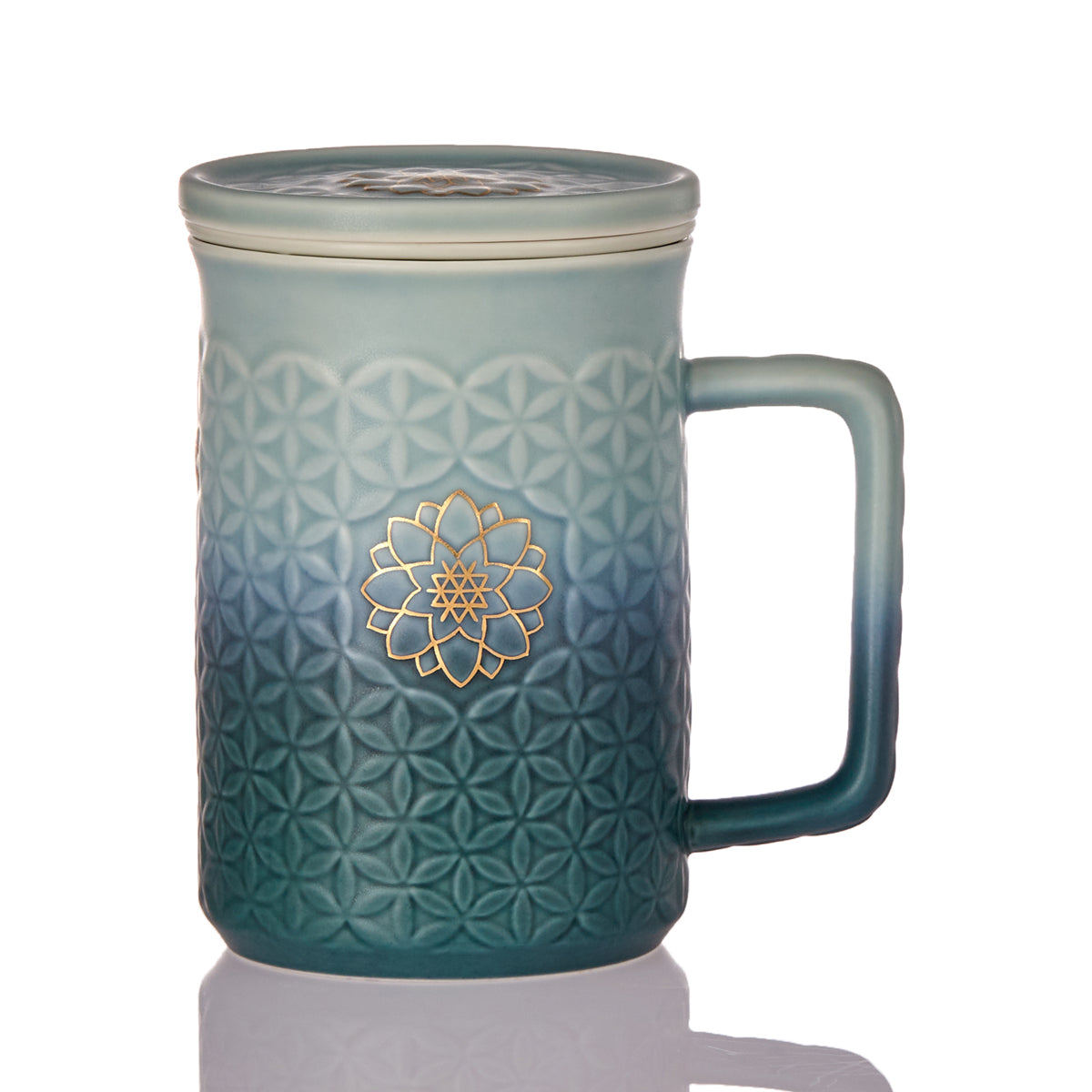 Gold / Green Flower Of Life 3-In-1 Tea Mug With Infuser - Mint Green & Green Ombre / Hand-Painted Gold Flower Acera