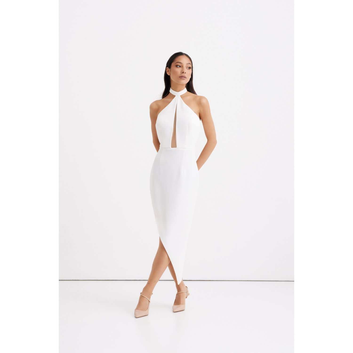 Nomi Fame Pamela Halter Neck Dress With Asymmetric Skirt - White