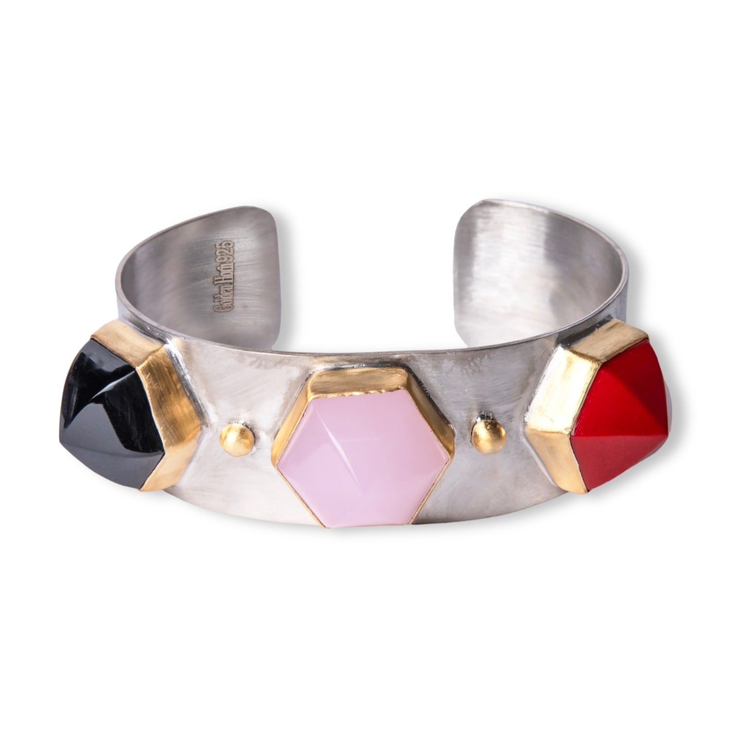 Golden Horn Jewellery Women's Triple Pink Quartz Dome Silver Cuff Bracelet