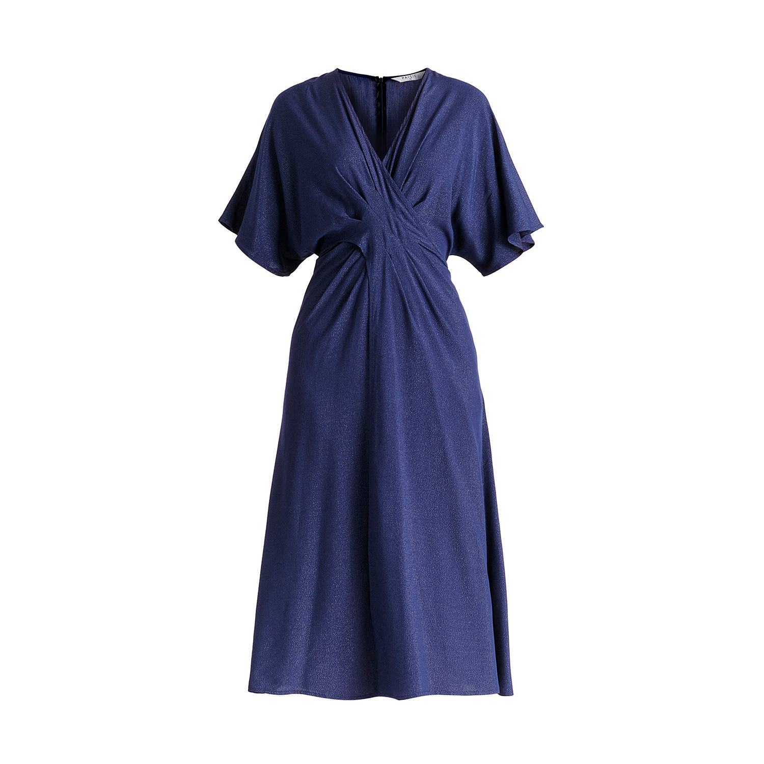 Paisie Women's Blue Sparkled Midi Wrap Dress With Pleated Details In Navy