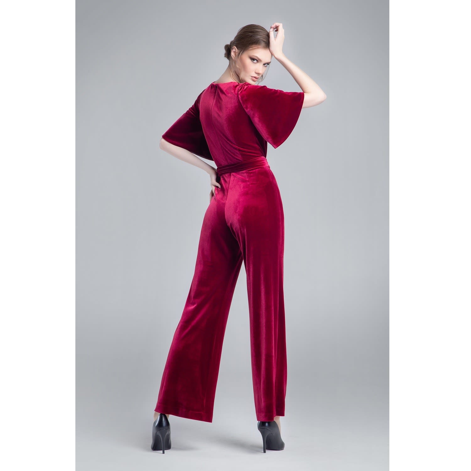 Layla Velvet Jumpsuit With Bell Sleeves & Sash In Burgundy