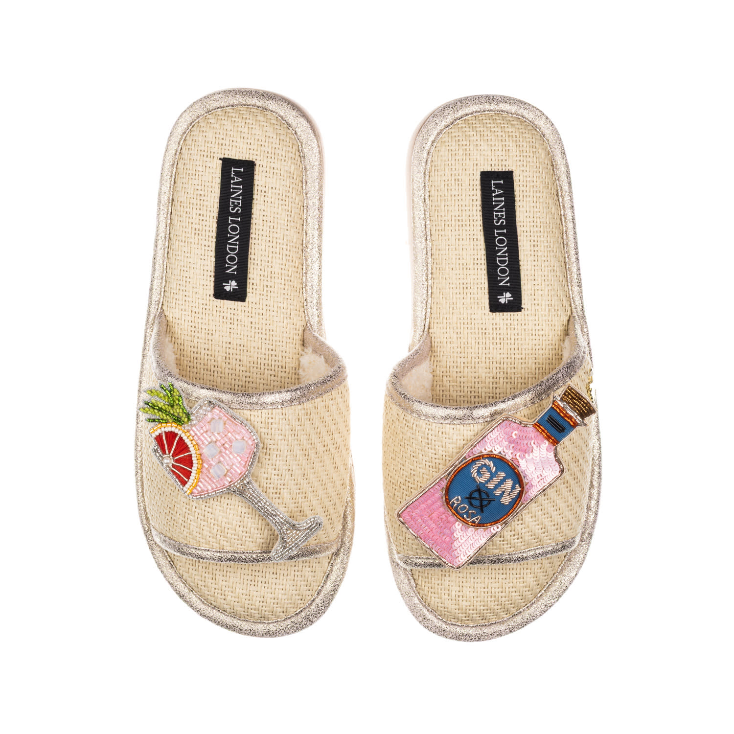 Laines London Women's Neutrals / White Straw Braided Sandals With Pink Rosa & Grapefruit Gin Brooches - Cream In White