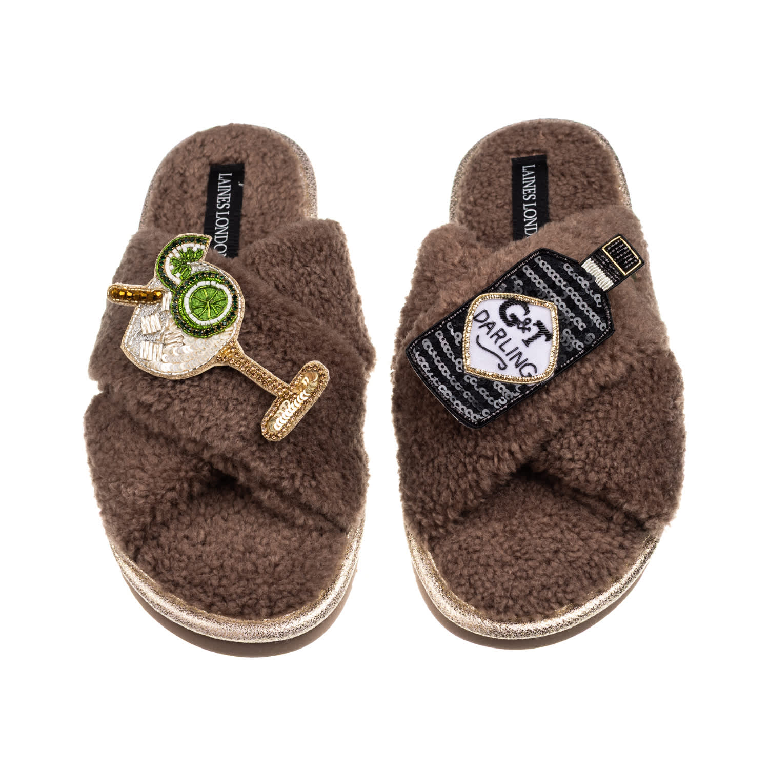 Laines London Women's Brown / Neutrals Laines Neutral Boucle Slippers With Botanical Gin Brooches - Mink