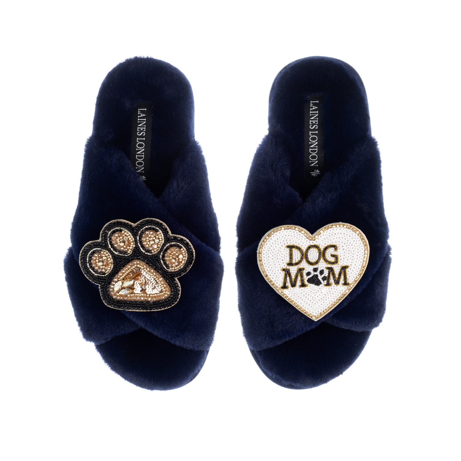 Women’s Blue Classic Laines Slippers With Dog Mum / Mom & Paw Brooches - Navy Medium Laines London