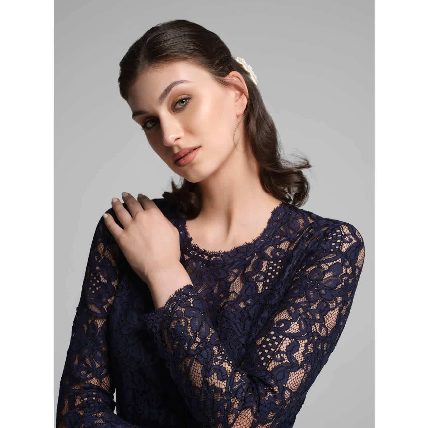 Rumour London Chiara Long Sleeve Lace Pencil Dress - Blue
