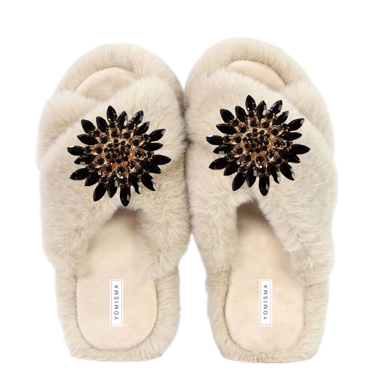 Yomisma Women's Neutrals Faux Fur Slippers - Global Recycled Standard Certified With Black Embellishments - In Beige/black